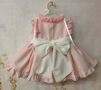 Sonata Girls Pink Smocked Polka Dot Dress & Hairbow SS26 - (Made To Order)