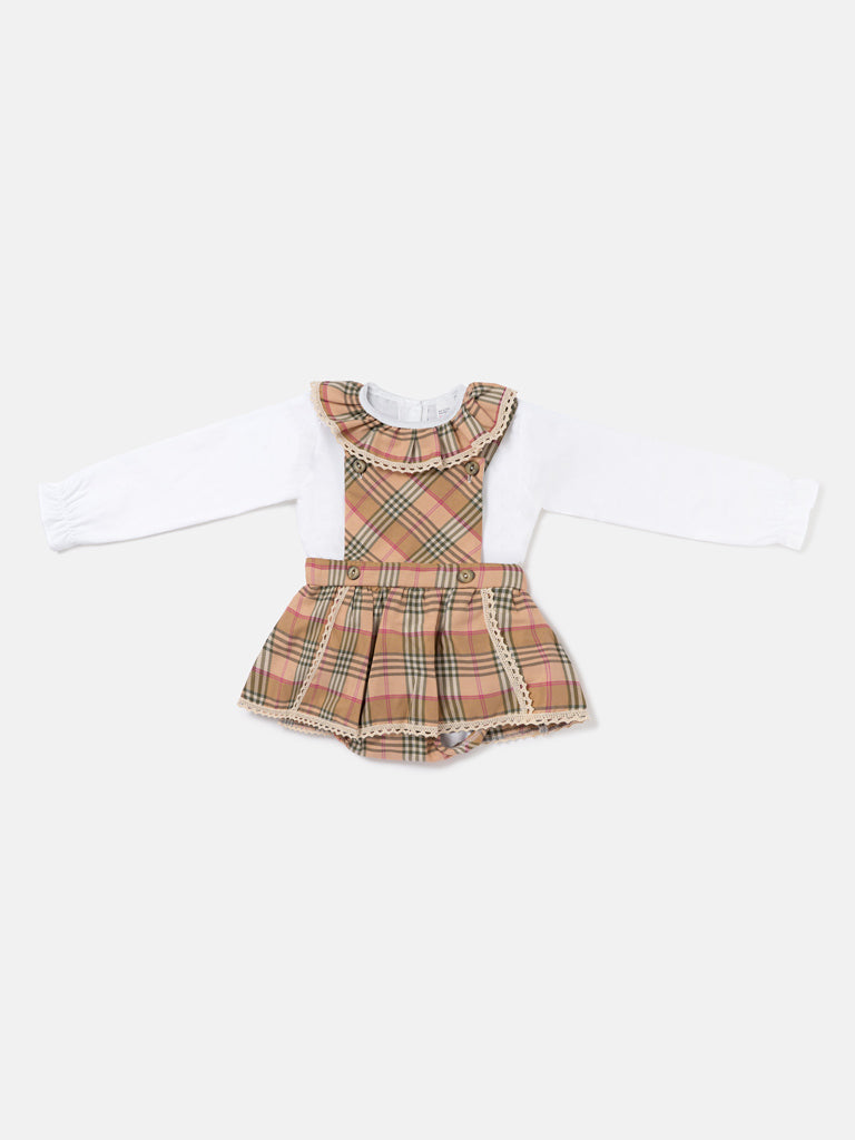 Babygirls Beige 2 Piece Tartan Romper