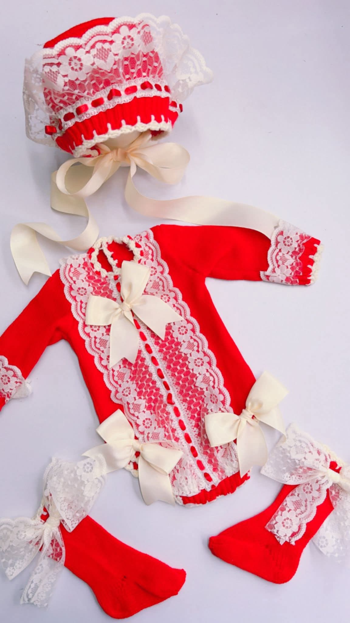 Ela Confeccion Red Hand Knitted Romper & Bonnet - (Made To Order)
