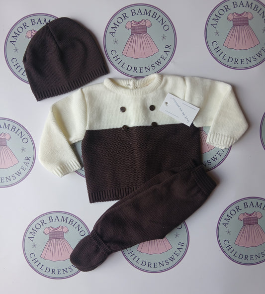 Baby Boys White & Chocolate Brown 3 piece Knitted Set