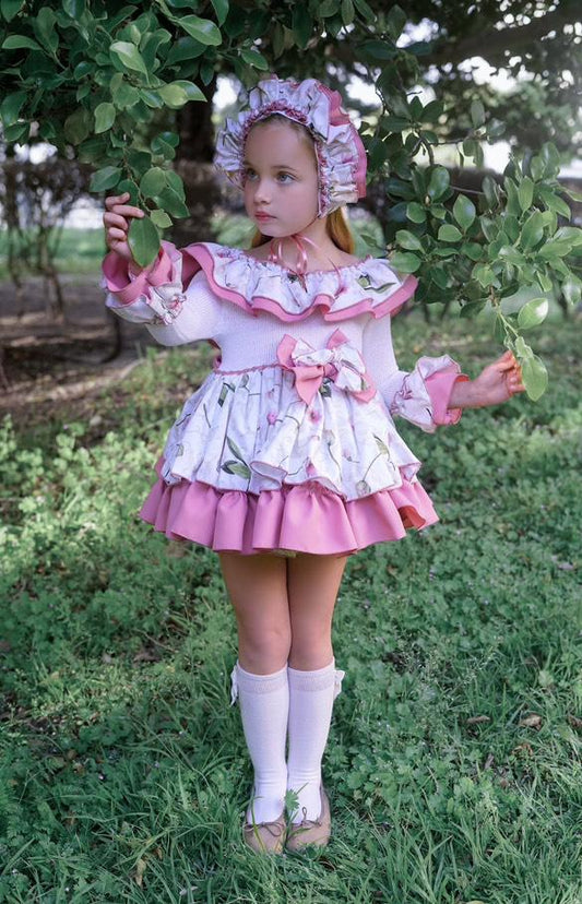 Ela Confeccion AW25 Girls Pink Knitted Floral Puffball Dress Set - (Made to order)