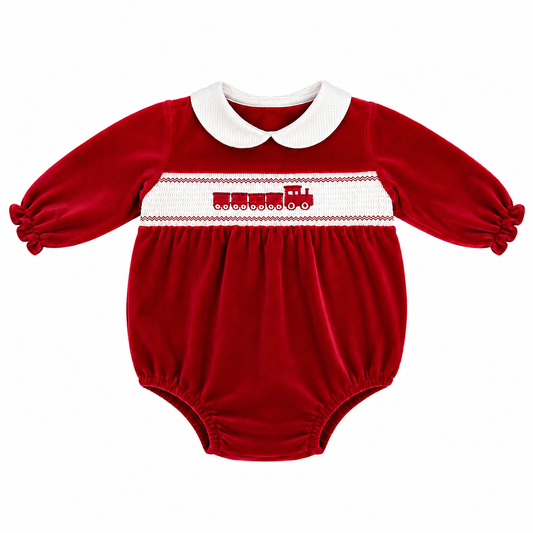 Baby Boys Red Train Velour Romper (Preorder)