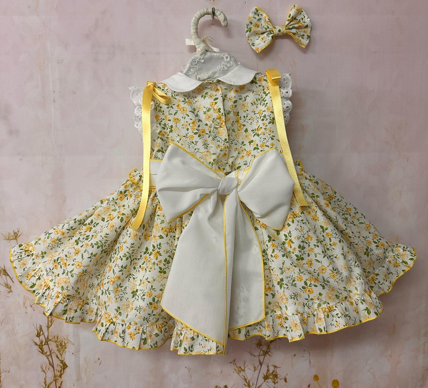Sonata Girls Yellow Smocked Floral Dress & Hairbow SS26 - (Made To Order)