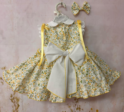 Sonata Girls Yellow Smocked Floral Dress & Hairbow SS26 - (Made To Order)
