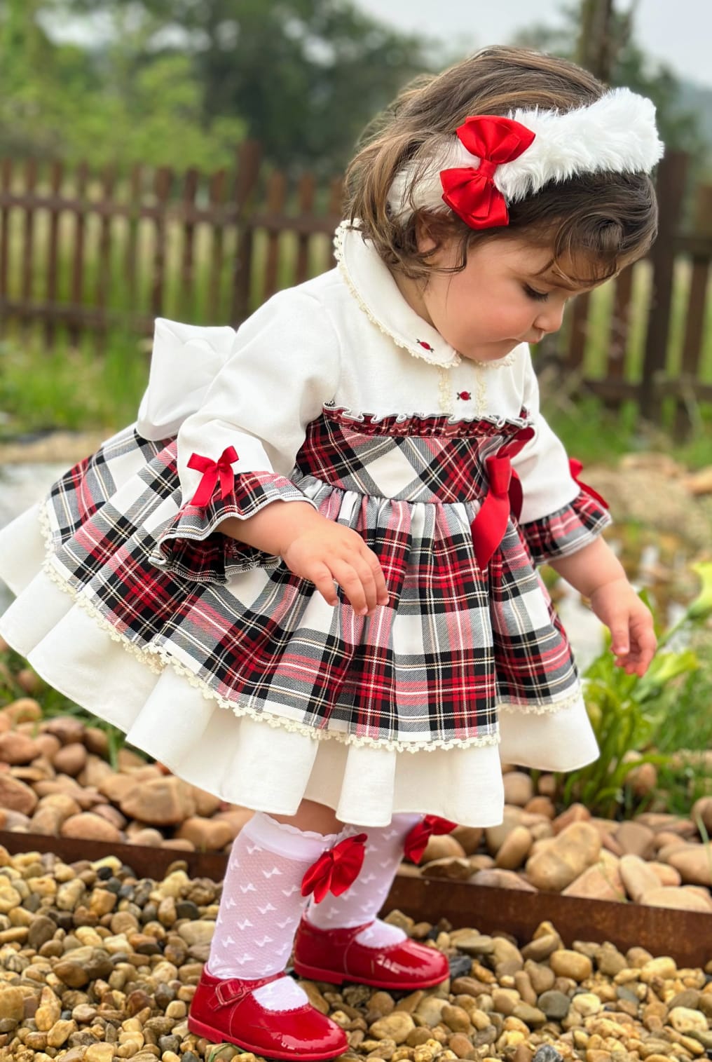 Girls White Tartan Puffball Dress AW (Made to order)
