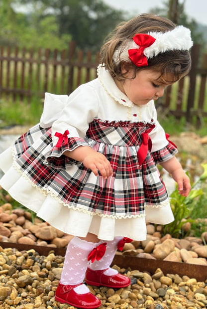 Girls White Tartan Puffball Dress AW (Made to order)