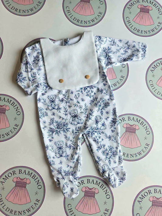 Baby Boys Navy Blue Attached Bib Teddy Babygrow