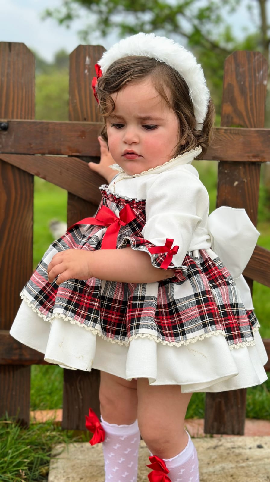 Girls White Tartan Puffball Dress AW (Made to order)