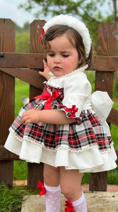 Girls White Tartan Puffball Dress AW (Made to order)