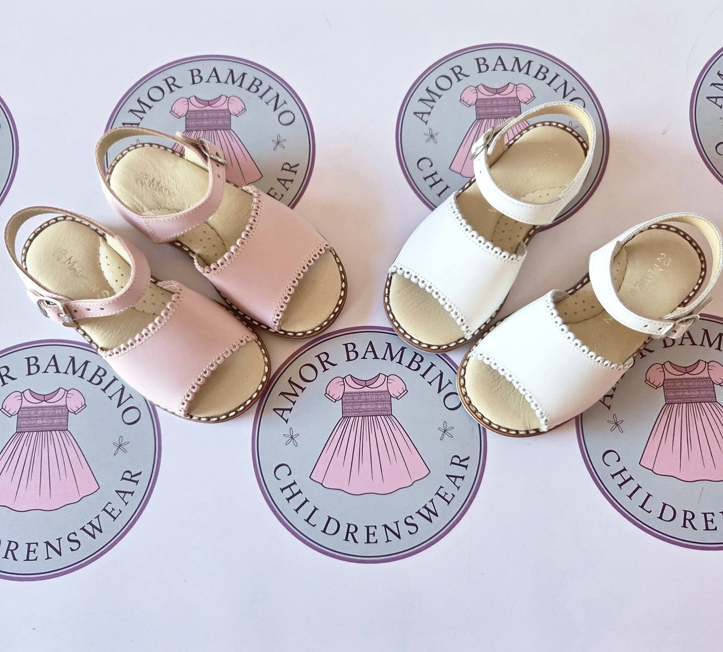 Girls Pale Pink Leather Scalloped Sandals (In Stock)