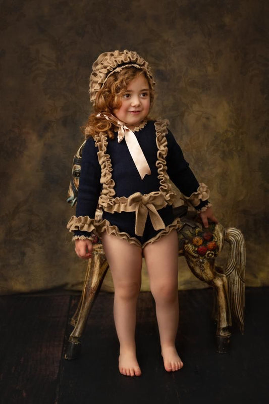 Ela Navy & Camel Hand Knitted Romper Set - AW