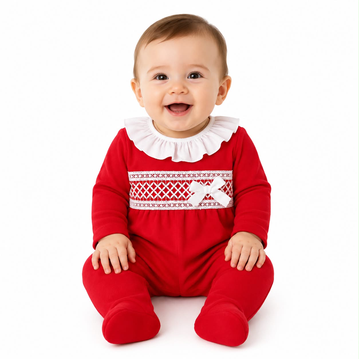 Baby Girls Red Ruffle Babygrow with Lace & Bow