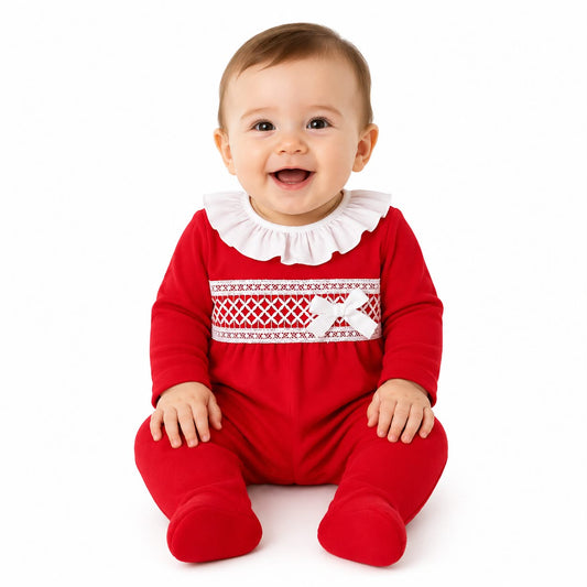 Baby Girls Red Ruffle Babygrow with Lace & Bow
