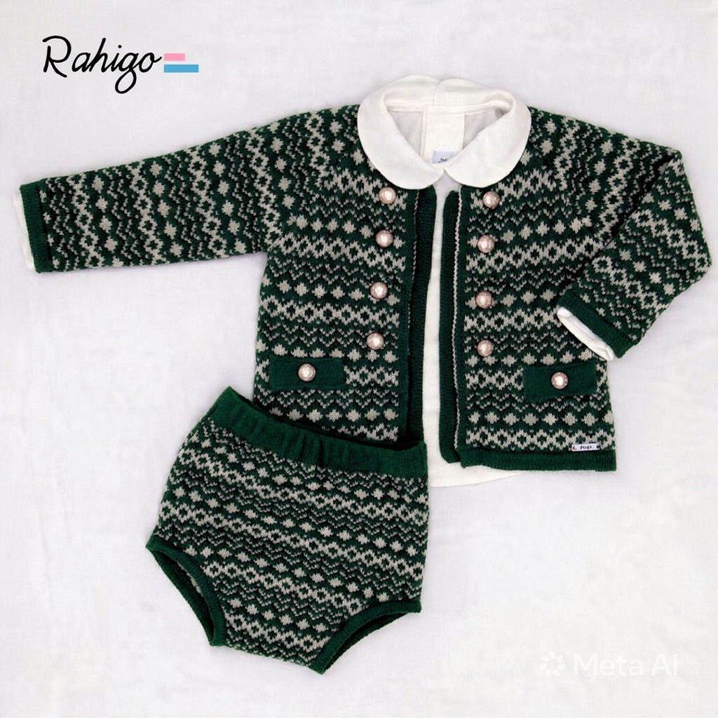 Rahigo Baby Boys Bottle Green & Cream Cardigan, Shirt, Shorts, Pom Hat & Socks Set - AW26 (Preorder)