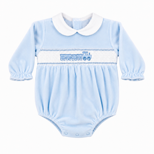 Baby Boys Blue Train Velour Romper (Preorder)