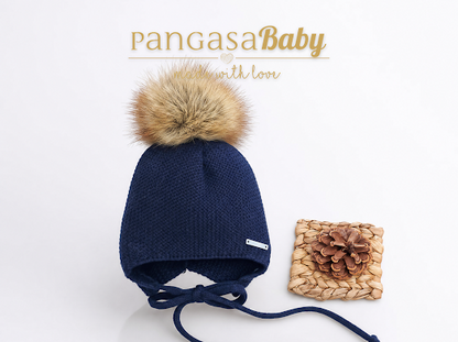 Pangasa Baby Marino Navy Natural Fur Cable Knitted 9m Pramsuit & 12m String Tie Hat - In Stock