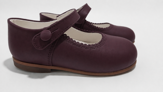 Girls Burgandy Matte Leather Button Mary Jane Shoes (Preorder)