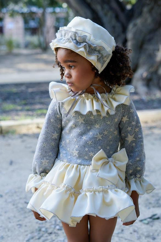 Ela Confeccion AW25 Girls Grey Stars Ruffle Dress Set - (Made to order)