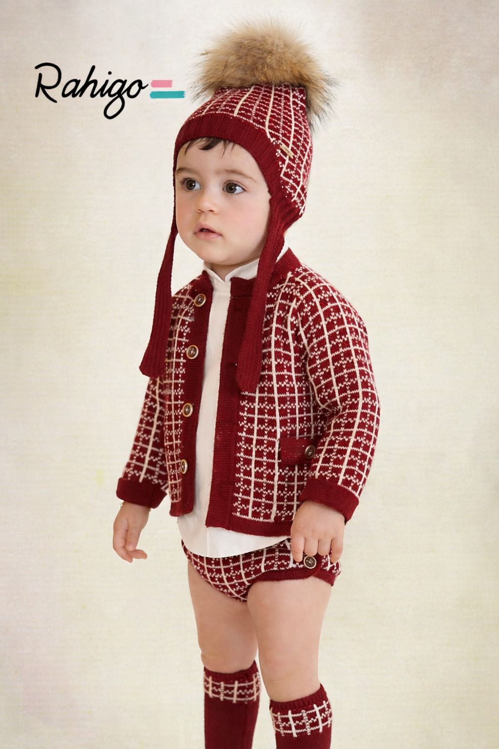 Rahigo Baby Boys Burgandy & Cream String Tie Pom Hat AW26 (Preorder)