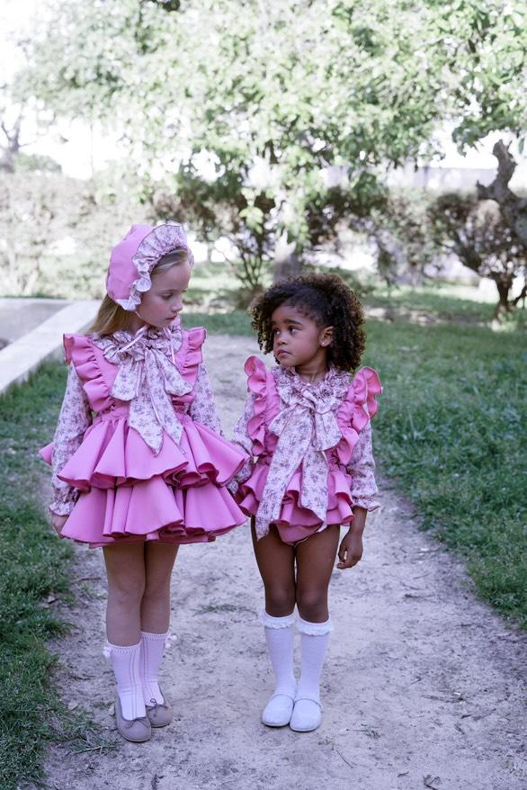 Ela Confeccion AW25 Girls Floral Ruffle Pinafore Romper & Bow Blouse Set - (Made to order)