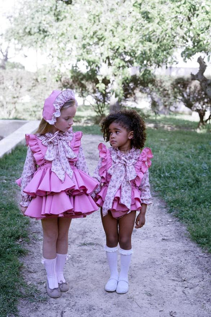 Ela Confeccion AW25 Girls Floral Ruffle Pinafore Romper & Bow Blouse Set - (Made to order)