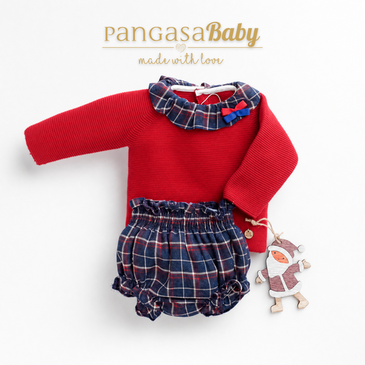 Pangasa Baby Girls Red Knitted Jumper & Checked Jam Pant Set ~ AW26 Preorder