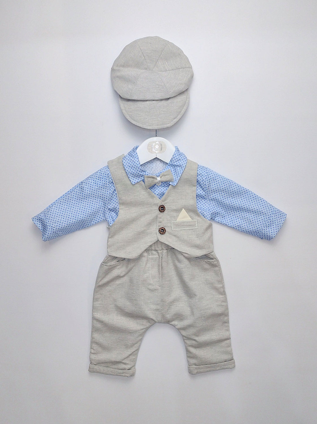 Boys Blue & Grey Waistcoat, Trousers & Hat Set