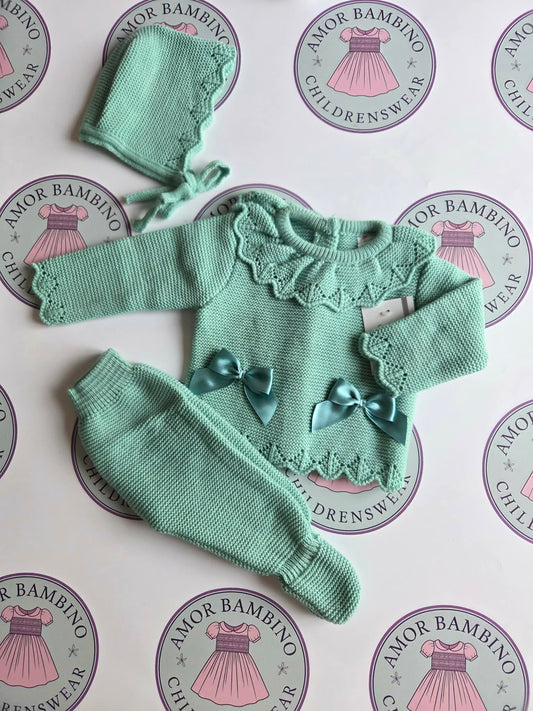 Baby Girls Ruffle Collar Green 3 piece Knitted Set