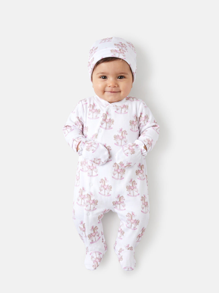 Girls Baby Pink Rocking Horse Velour Babygrow 3 piece Set