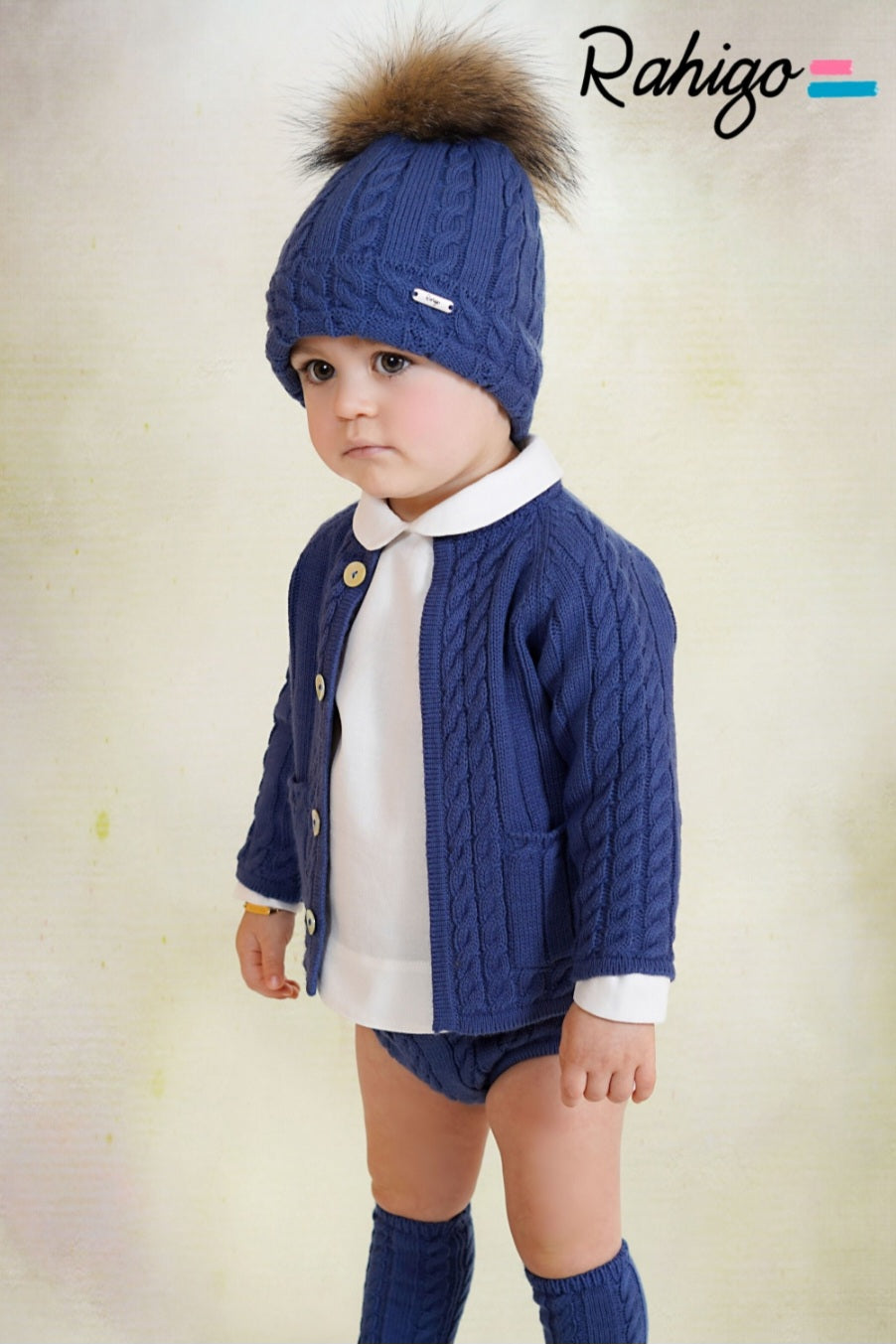 Rahigo Baby Boys Oxford Blue Cardigan, Shirt, Jam Pants, Pom Hat & Socks Set - AW26 (Preorder)