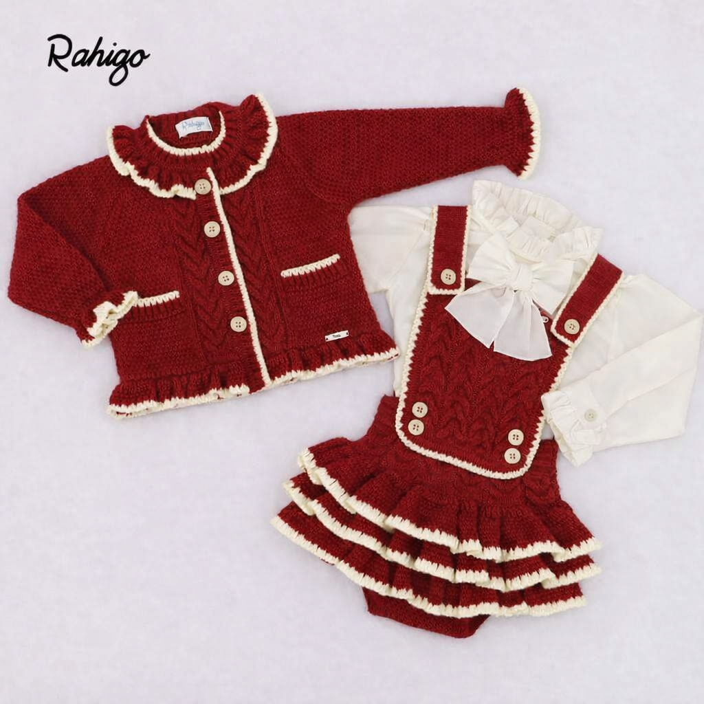 Rahigo Baby Girls Burgundy Red & Cream Cardigan, Blouse & Pinafore Set - AW26 (Preorder)