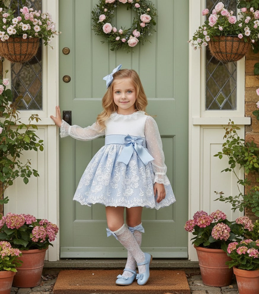 Sonata Handmade Camelia White & Baby Blue Dress SS26 (Made to order)