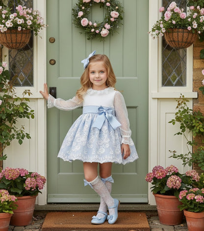 Sonata Handmade Camelia White & Baby Blue Dress SS26 (Made to order)