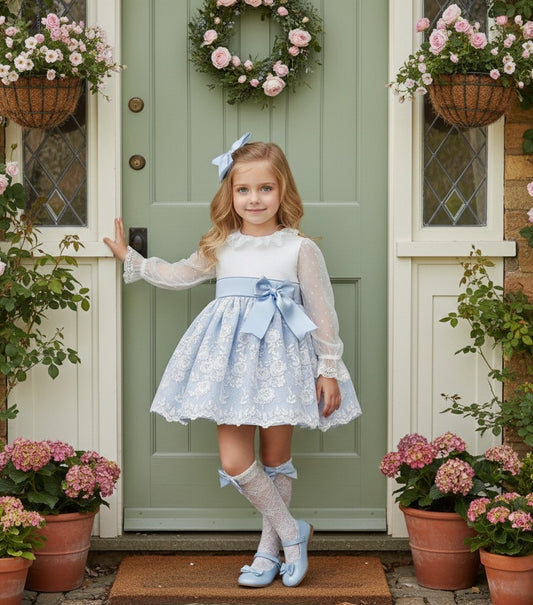 Sonata Handmade Camelia White & Baby Blue Dress SS26 (Made to order)