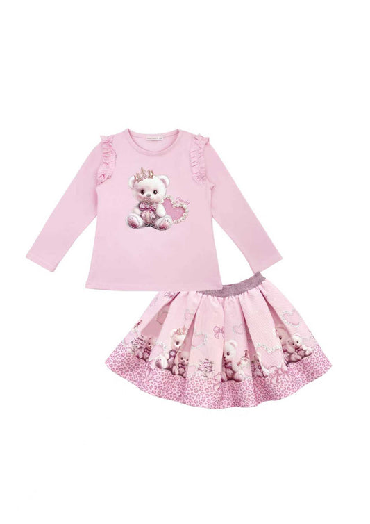 Girls Pink Teddybear Heart Top & Skirt Set