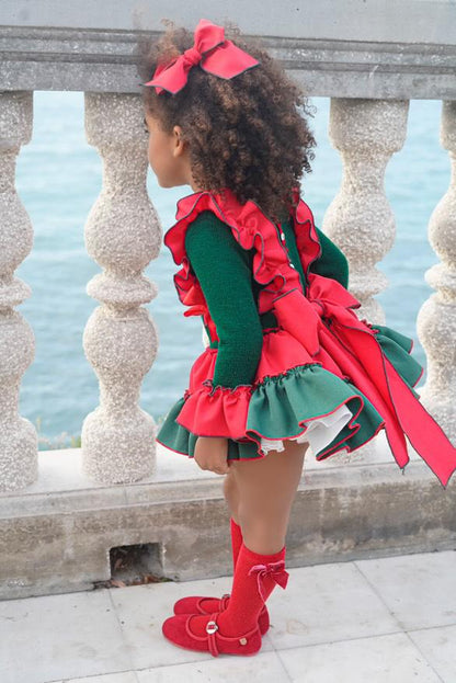 Ela Confeccion AW25 Girls Bottle Green & Red Knitted Ruffle Dress Set - (Made to order)