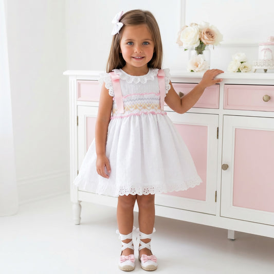 Sonata Girls White Plumetti Smocked Dress & Hairbow SS26 - (Made To Order)