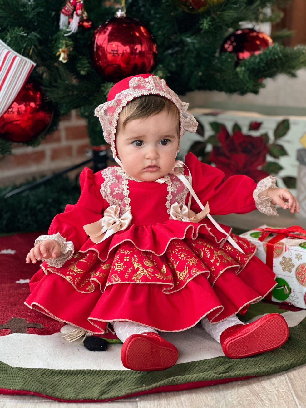 Babygirls Traditional Red Christmas Dress & Bonnet AW (Made to order) - NB Babygirls Traditional Red Christmas Dress & Bonnet AW (Made to order) - NB