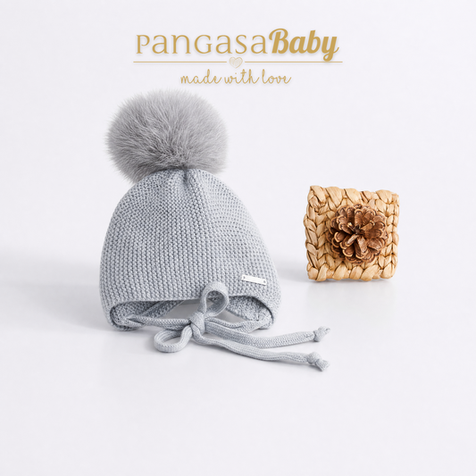 Pangasa Baby Grey Natural Fur Pom String Tie Hat - Preorder