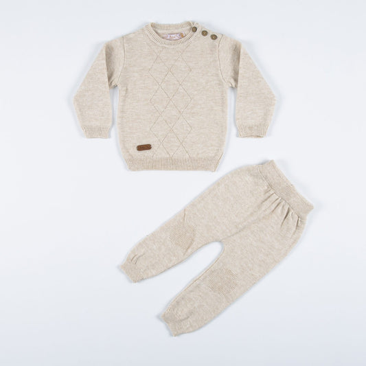 Beige Baby Boys Knitted Diamond Embossed Jumper & Bottoms