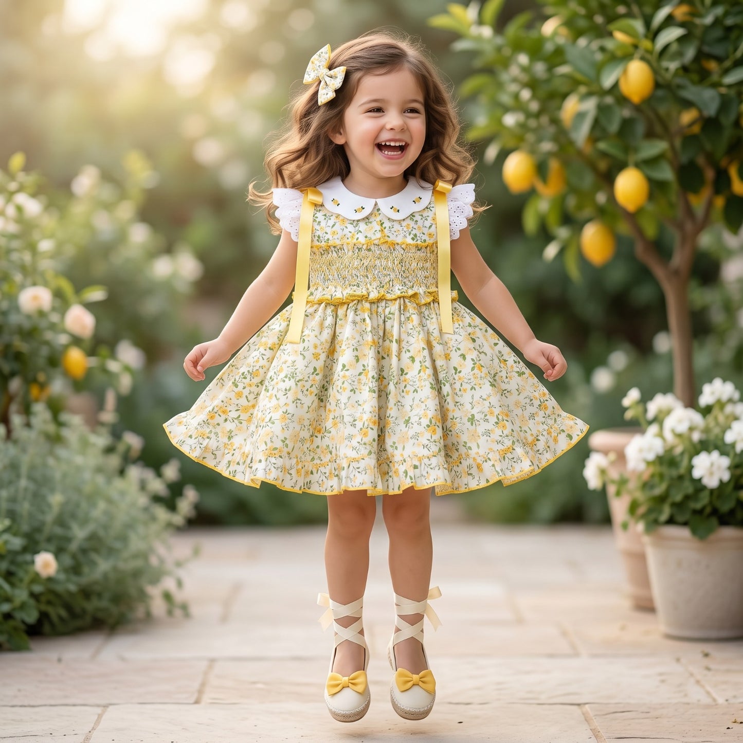 Sonata Girls Yellow Smocked Floral Dress & Hairbow SS26 - (Made To Order)
