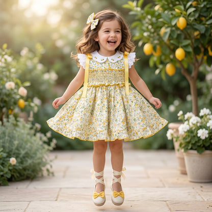 Sonata Girls Yellow Smocked Floral Dress & Hairbow SS26 - (Made To Order)