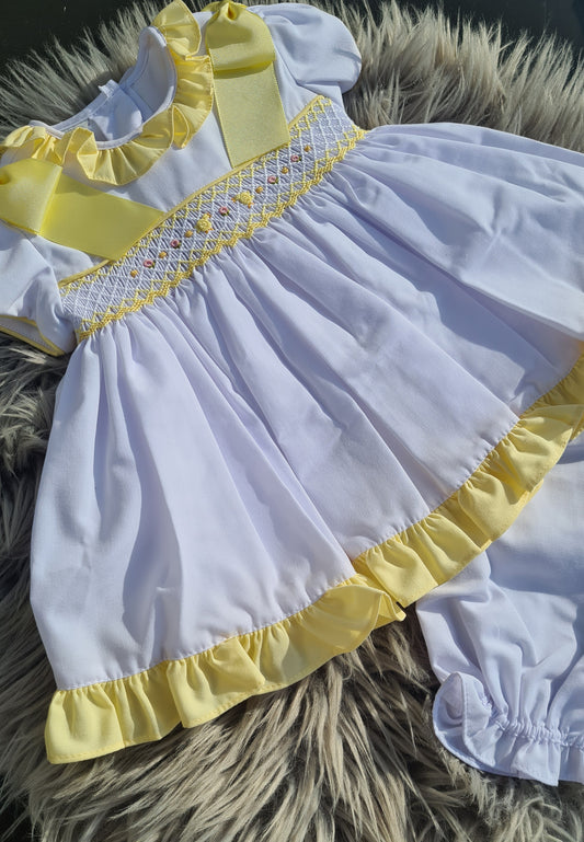 Girls White and Yellow Hand Smocked Dress Set