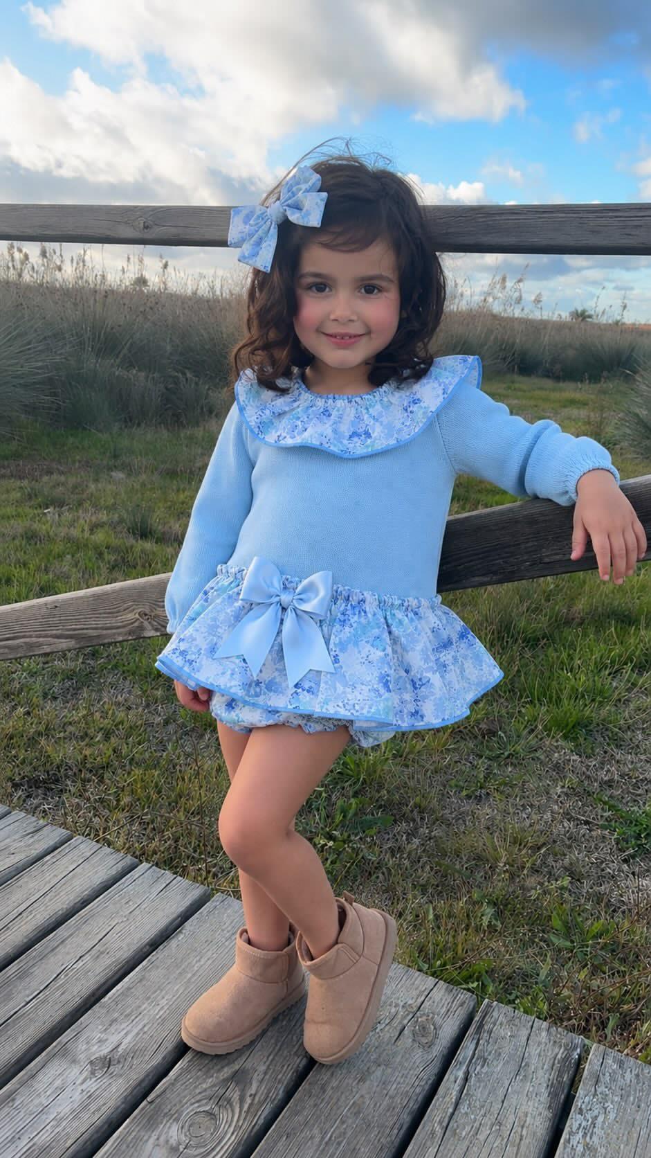 Ela Handmade Blue Floral Dress, Knickers & Bow Set AW26  - (Made to order)