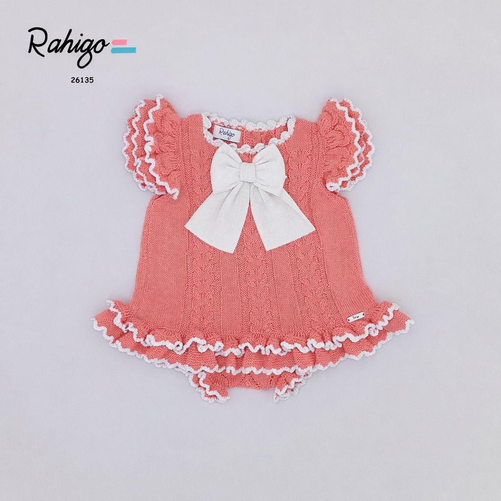 Rahigo Baby Girls Coral & White A Line Dress & Knickers - SS26 In Stock