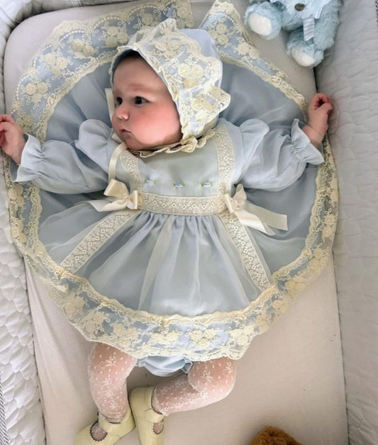 Baby Blue Embroidered Puffball Dress, Knickers & Bonnet AW (Made to order)