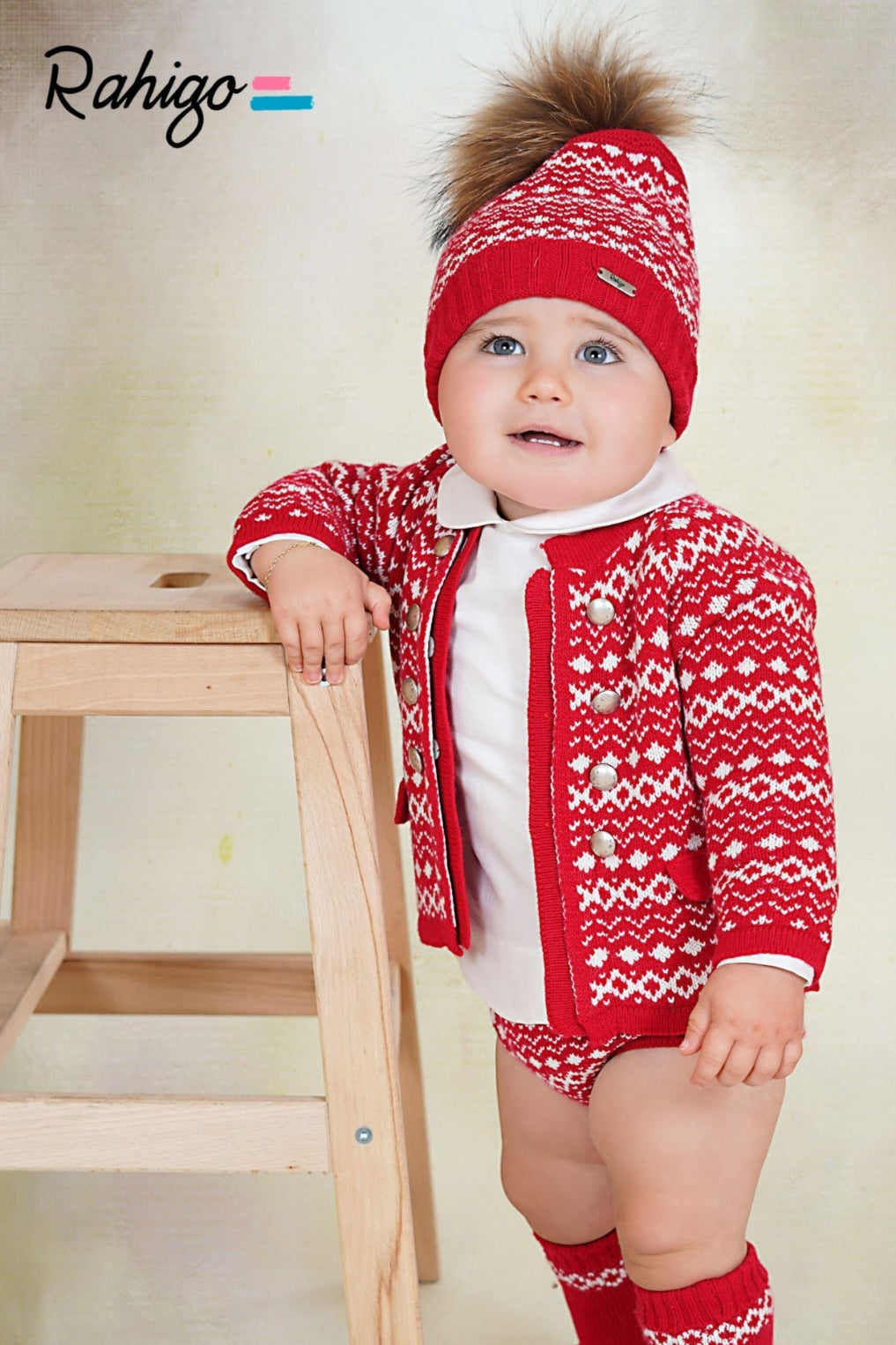 Rahigo Baby Boys Red & Cream Cardigan, Shirt, Shorts, Pom Hat & Socks Set - AW26 (Preorder)