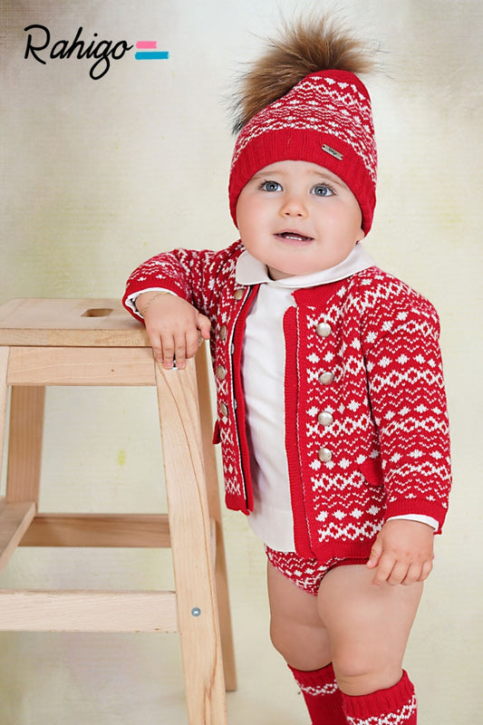 Rahigo Baby Boys Red & Cream Cardigan, Shirt, Shorts, Pom Hat & Socks Set - AW26 (Preorder)