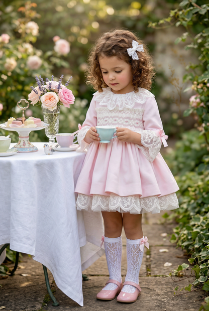 Sonata Girls Pink Smocked Embroidered Dress SS26 - (Made To Order)