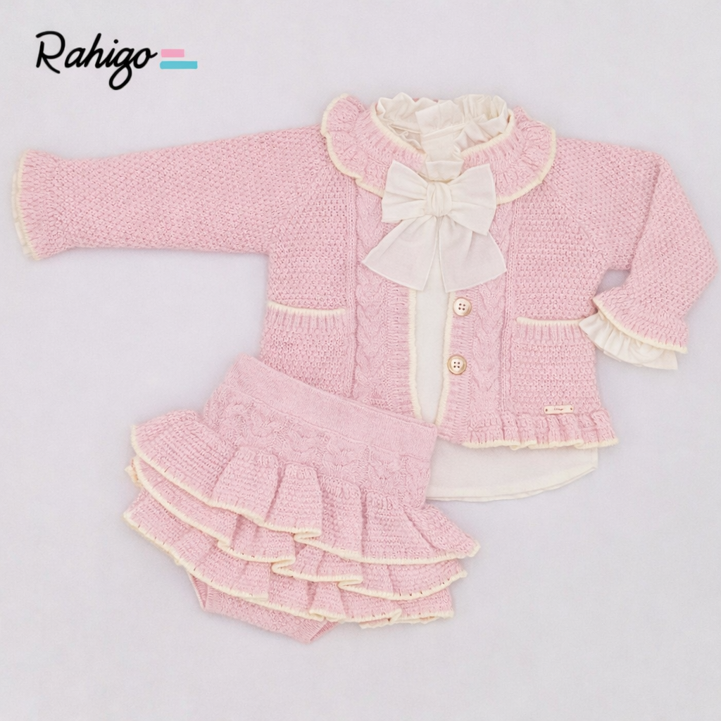 Rahigo Girls Baby Pink & Cream Cardigan, Blouse & Skirt Set - AW26 (Preorder)